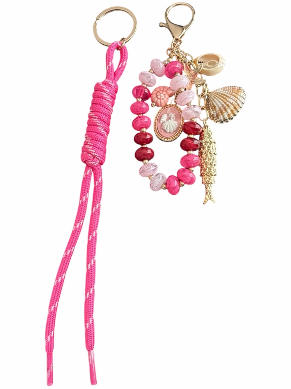 Pink Beaded Shell Charm Keychain with Gold Fish Accent - Picture 3 of 3
